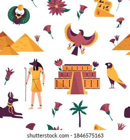 Seamless pattern with famous landmarks, symbols of ancient Egypt. Vector illustration wit colorful elements