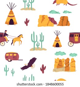 Seamless pattern with famous landmarks, symbols of Arizona state, USA. Vector illustration with colorful elements