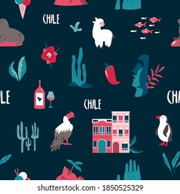 Seamless pattern with famous landmarks and symbols of Chile. Llama, Valparaiso, Easter island, condor, flag, etc. Set of icons on dark background