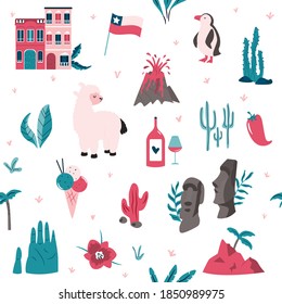 Seamless pattern with famous landmarks and symbols of Chile. Llama, Valparaiso, Easter island, condor, flag, etc. Set of icons on white background