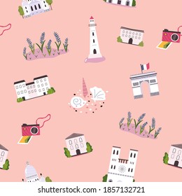 Seamless pattern with famous landmarks and symbols of France. Arc de Triumph, lavender fields in Provence. Set of icons on pink background