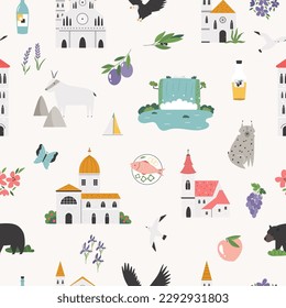 Seamless pattern with famous symbols and landmarks of Croatia. Bright design for prints, wallpaper, decorations