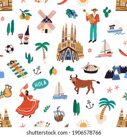 Seamless pattern with famous symbols of Spanish culture. Endless repeatable texture with buildings, dancers, guitar, bulls, food, wine of Spain. Colored flat vector illustration on white background