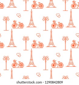 Seamless pattern with famous tower, bicycle, lantern, hearts. Travel and leisure. Valentine's Day. Romantic background.
