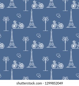 Seamless pattern with famous tower, bicycle, lantern, hearts. Travel and leisure. Valentine's Day. Romantic background.