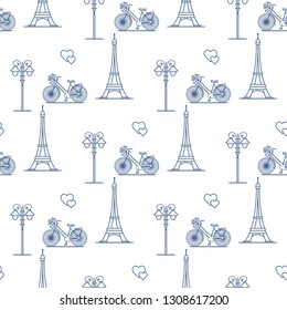 Seamless pattern with famous tower, bicycle, lantern, hearts. Travel and leisure. Valentine's Day. Romantic background.