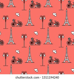 Seamless pattern with famous tower, bicycle, lantern, hearts. Travel and leisure. Valentine's Day. Romantic background.