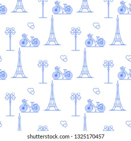 Seamless pattern with famous tower, bicycle, lantern, hearts. Travel and leisure. Valentine's Day. Romantic background.