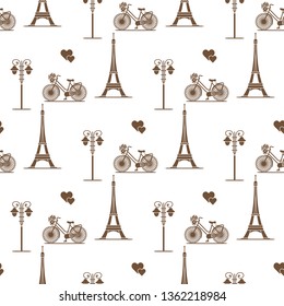 Seamless pattern with famous tower, bicycle, lantern, hearts. Travel and leisure. Valentine's Day. Romantic background.