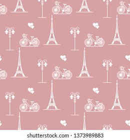 Seamless pattern with famous tower, bicycle, lantern, hearts. Travel and leisure. Valentine's Day. Romantic background.