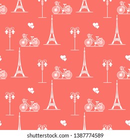 Seamless pattern with famous tower, bicycle, lantern, hearts. Travel and leisure. Valentine's Day. Romantic background.