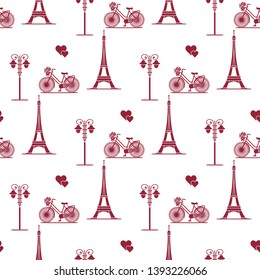 Seamless pattern with famous tower, bicycle, lantern, hearts. Travel and leisure. Valentine's Day. Romantic background.