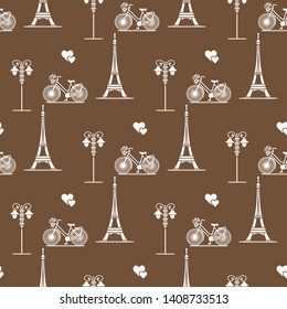 Seamless pattern with famous tower, bicycle, lantern, hearts. Travel and leisure. Valentine's Day. Romantic background.