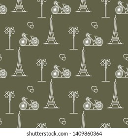 Seamless pattern with famous tower, bicycle, lantern, hearts. Travel and leisure. Valentine's Day. Romantic background.