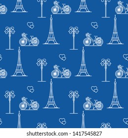 Seamless pattern with famous tower, bicycle, lantern, hearts. Travel and leisure. Valentine's Day. Romantic background.
