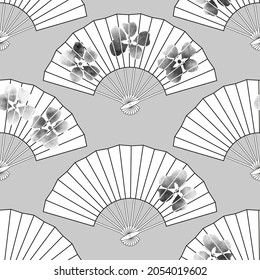 Patrón sin foco de un ventilador con flores sakura color de agua monocromo