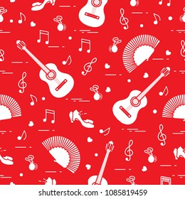 Seamless pattern with fan, shoes, castanets, notes, guitars. Travel and leisure. Traditional symbols of Spain.