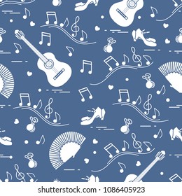 Seamless pattern with fan, shoes, castanets, notes, guitars. Travel and leisure. Traditional symbols of Spain.