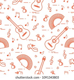 Seamless pattern with fan, shoes, castanets, notes, guitars. Travel and leisure. Traditional symbols of Spain.