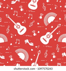 Seamless pattern with fan, shoes, castanets, notes, guitars. Travel and leisure. Traditional symbols of Spain.