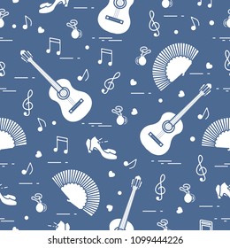 Seamless pattern with fan, shoes, castanets, notes, guitars. Travel and leisure. Traditional symbols of Spain.
