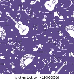 Seamless pattern with fan, shoes, castanets, notes, guitars. Travel and leisure. Traditional symbols of Spain.