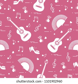 Seamless pattern with fan, shoes, castanets, notes, guitars. Travel and leisure. Traditional symbols of Spain.