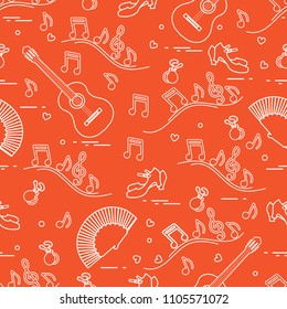 Seamless pattern with fan, shoes, castanets, notes, guitars. Travel and leisure. Traditional symbols of Spain.