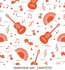 Seamless pattern with fan, shoes, castanets, notes, guitars. Travel and leisure. Traditional symbols of Spain.