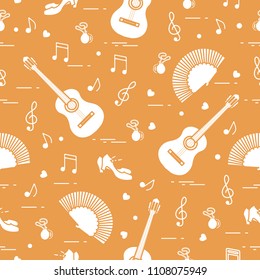 Seamless pattern with fan, shoes, castanets, notes, guitars. Travel and leisure. Traditional symbols of Spain.