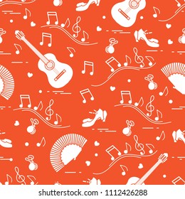 Seamless pattern with fan, shoes, castanets, notes, guitars. Travel and leisure. Traditional symbols of Spain.