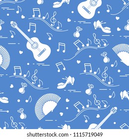 Seamless pattern with fan, shoes, castanets, notes, guitars. Travel and leisure. Traditional symbols of Spain.