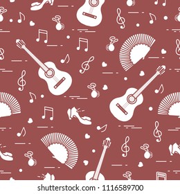 Seamless pattern with fan, shoes, castanets, notes, guitars. Travel and leisure. Traditional symbols of Spain.