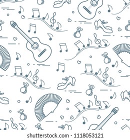 Seamless pattern with fan, shoes, castanets, notes, guitars. Travel and leisure. Traditional symbols of Spain.