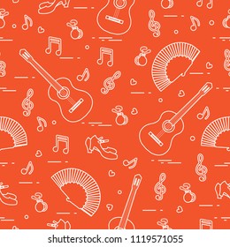 Seamless pattern with fan, shoes, castanets, notes, guitars. Travel and leisure. Traditional symbols of Spain.