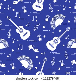 Seamless pattern with fan, shoes, castanets, notes, guitars. Travel and leisure. Traditional symbols of Spain.