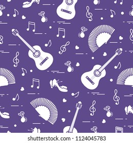 Seamless pattern with fan, shoes, castanets, notes, guitars. Travel and leisure. Traditional symbols of Spain.