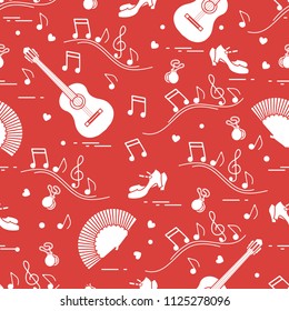 Seamless pattern with fan, shoes, castanets, notes, guitars. Travel and leisure. Traditional symbols of Spain.