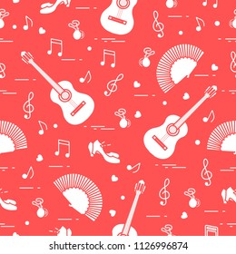 Seamless pattern with fan, shoes, castanets, notes, guitars. Travel and leisure. Traditional symbols of Spain.