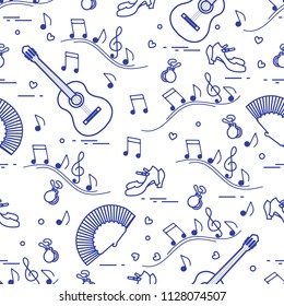 Seamless pattern with fan, shoes, castanets, notes, guitars. Travel and leisure. Traditional symbols of Spain.