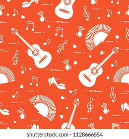 Seamless pattern with fan, shoes, castanets, notes, guitars. Travel and leisure. Traditional symbols of Spain.