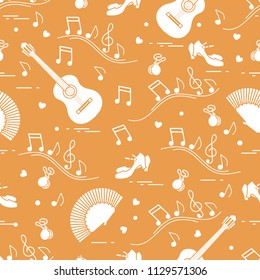 Seamless pattern with fan, shoes, castanets, notes, guitars. Travel and leisure. Traditional symbols of Spain.