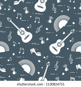 Seamless pattern with fan, shoes, castanets, notes, guitars. Travel and leisure. Traditional symbols of Spain.