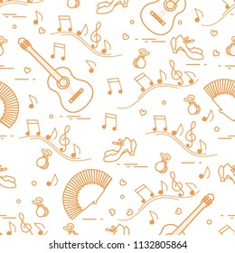 Seamless pattern with fan, shoes, castanets, notes, guitars. Travel and leisure. Traditional symbols of Spain.
