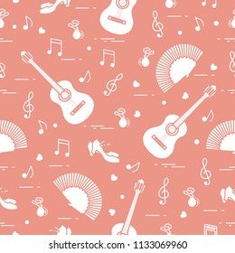 Seamless pattern with fan, shoes, castanets, notes, guitars. Travel and leisure. Traditional symbols of Spain.