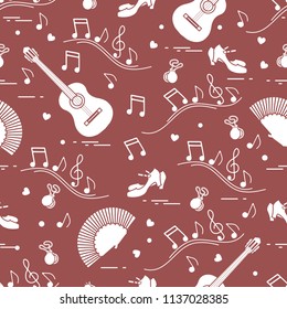 Seamless pattern with fan, shoes, castanets, notes, guitars. Travel and leisure. Traditional symbols of Spain.