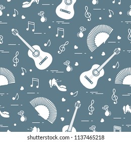 Seamless pattern with fan, shoes, castanets, notes, guitars. Travel and leisure. Traditional symbols of Spain.