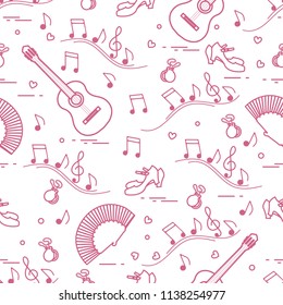 Seamless pattern with fan, shoes, castanets, notes, guitars. Travel and leisure. Traditional symbols of Spain.