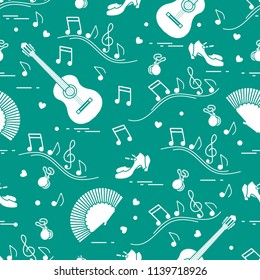 Seamless pattern with fan, shoes, castanets, notes, guitars. Travel and leisure. Traditional symbols of Spain.