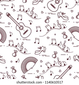 Seamless pattern with fan, shoes, castanets, notes, guitars. Travel and leisure. Traditional symbols of Spain.